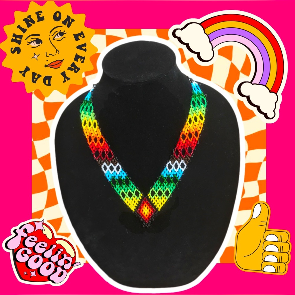 Dazzling Rainbow Sequence Glass Bead V-Shaped Necklace.